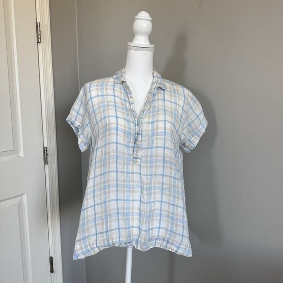 CP Shades 100% Linen Tunic Top 1/4 Button Up Plaid Blue White Cream Womans Sz M - Picture 6 of 6